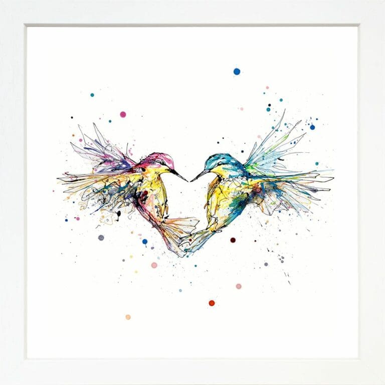 Forever Two Hummingbirds Heart Paper Giclee Fine Art Print in White Frame