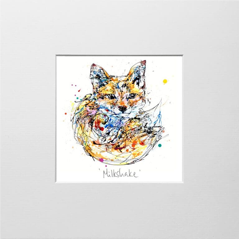 A digital mockup showing how a miniature print of Milkshake by Kathryn Callaghan will look presented in a 23cm mount. Milkshake features a fox cub curled up and looking at the viewer.