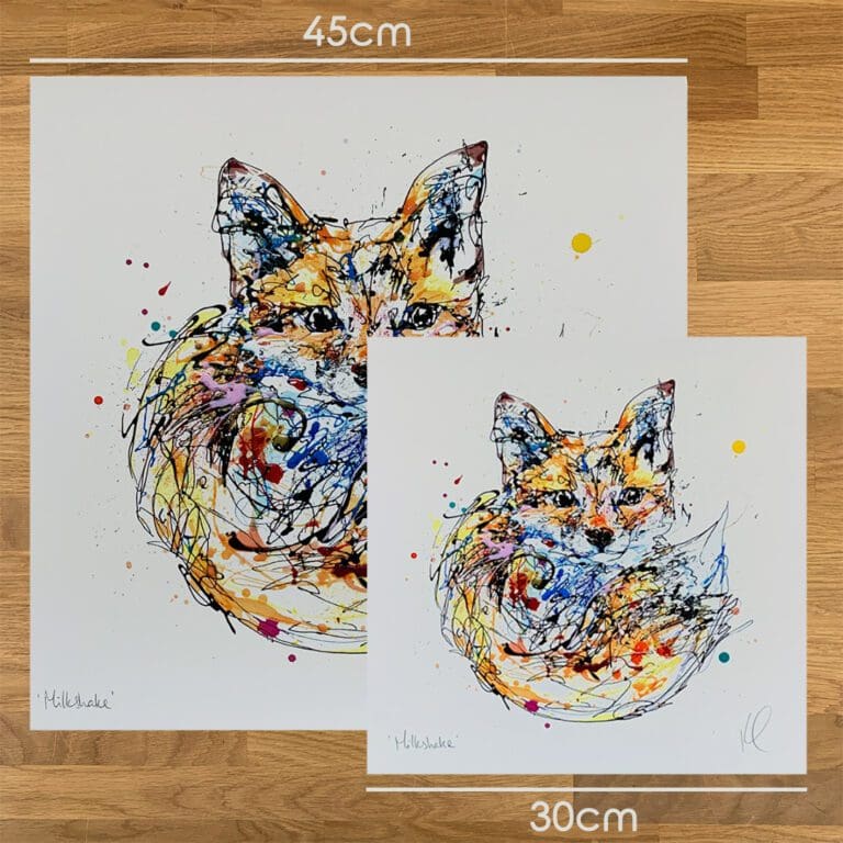 Two prints of Milkshake by Kathryn Callaghan, to show the size difference between the 45cm print and the 30cm print.