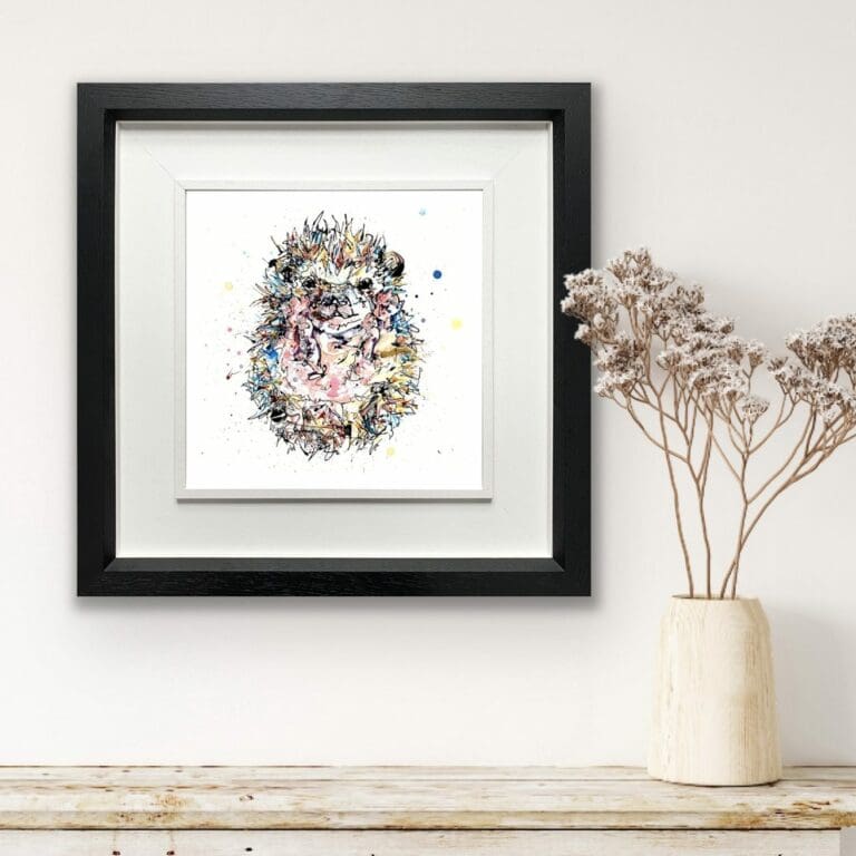 Pickles Hedgehog Print shown in Deluxe Black Frame in Situ