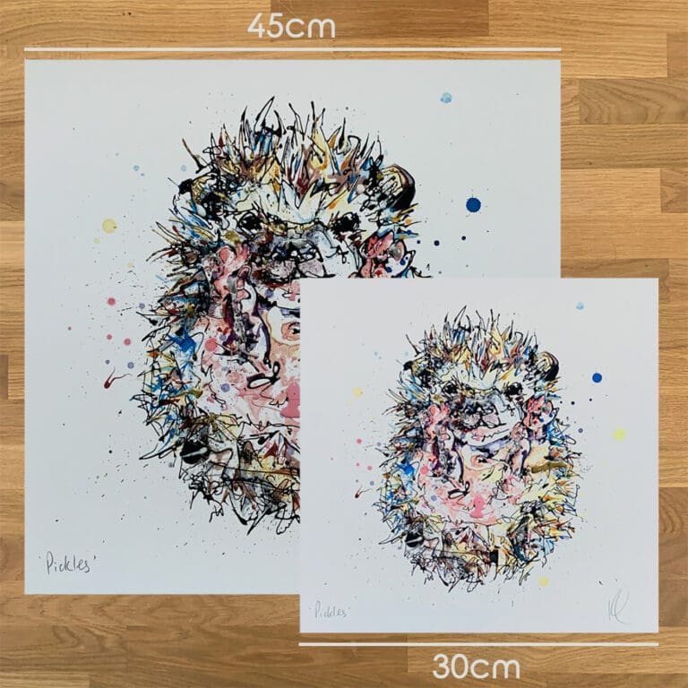 Two prints of Pickles by Kathryn Callaghan, to show the size difference between the 45cm print and the 30cm print.