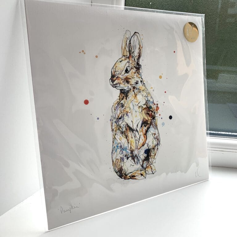 A print of Pumpkin by Kathryn Callaghan, which features a baby rabbit standing tall. The 30cm print is presented flat in a clear cello bag with a golden KC sticker in the top right.