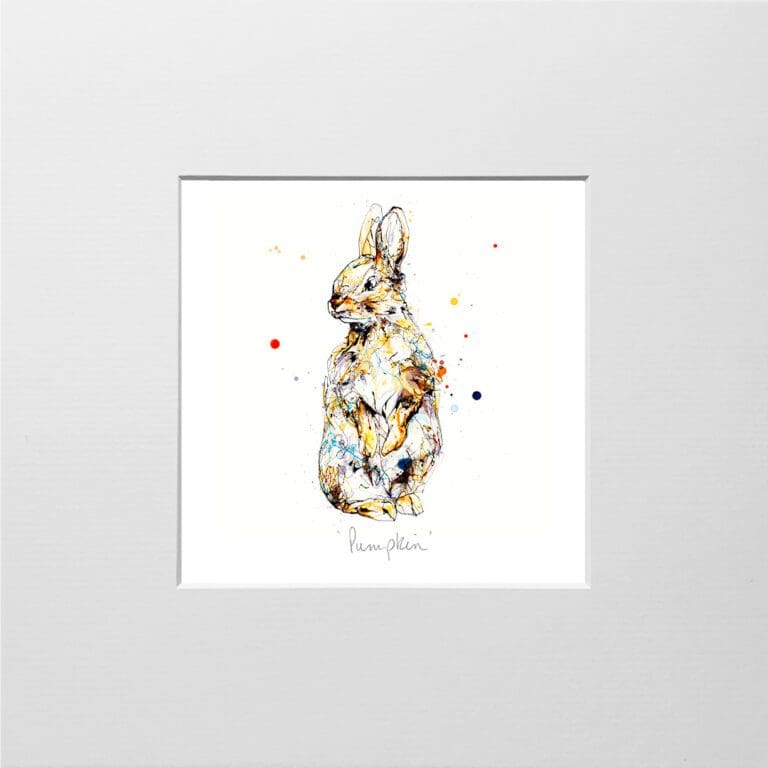 A digital mockup showing how a miniature print of Pumpkin by Kathryn Callaghan will look presented in a 23cm mount. Pumpkin features a baby bunny standing up tall.