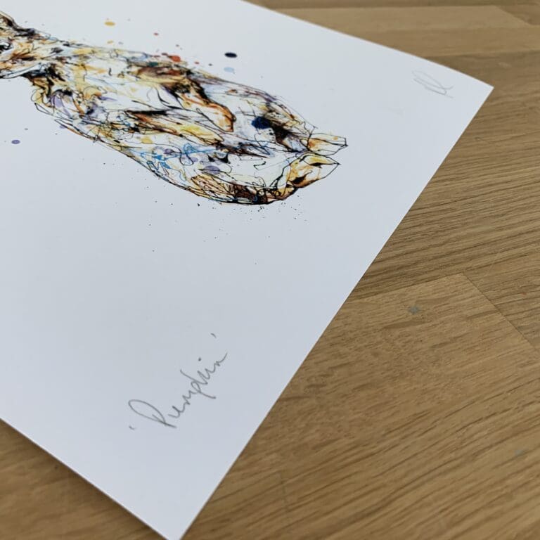 Photograph of Pumpkin, a print of a baby rabbit standing up by Kathryn Callaghan, which shows the print's title handwritten in the bottom left corner and the artist's signature in the bottom right, with space between to add a custom personalisation.