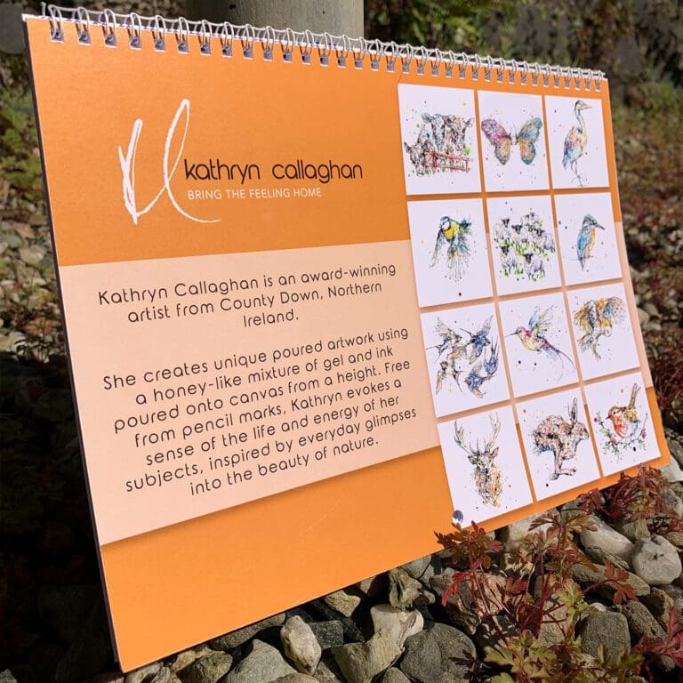 The rear cover of the Kathryn Callaghan Fine Art 2024 calendar, showing all 12 months' artwork and a short biography on Kathryn and her work.