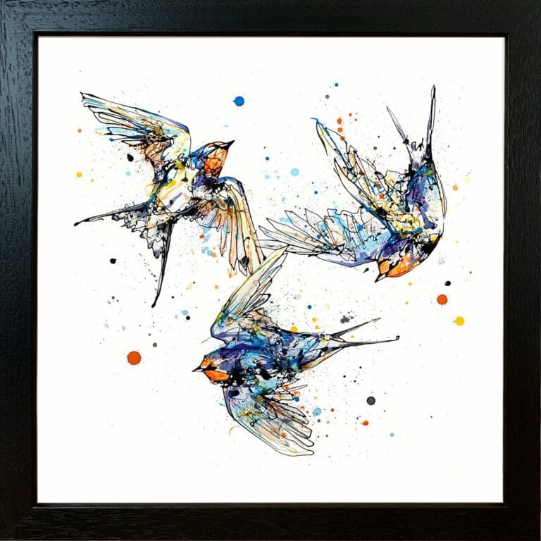 Affinity Swallows Family Three Birds Giclee Paper Fine Art Print shown in Black Frame