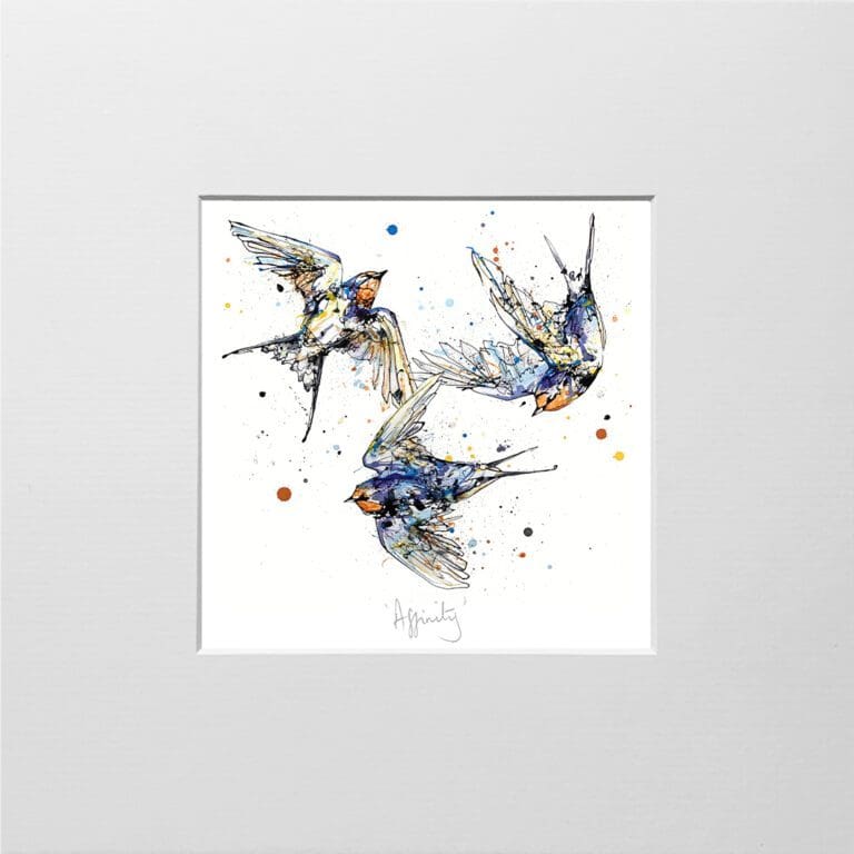 A digital mockup showing how a miniature print of Affinity by Kathryn Callaghan will look presented in a 23cm mount. Affinity features three swallows flying together in a loop.