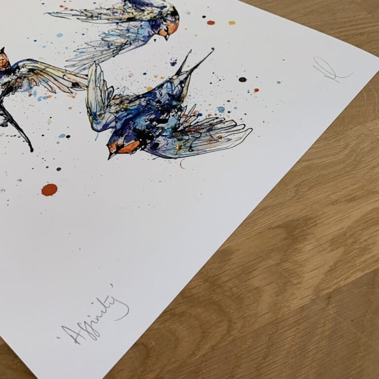 Photograph of Affinity by Kathryn Callaghan, which shows the print's title handwritten in the bottom left corner and the artist's signature in the bottom right, with space between to add a custom personalisation.