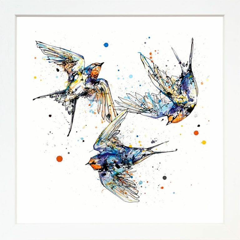 Affinity Swallows Family Three Birds Giclee Paper Fine Art Print shown in White Frame