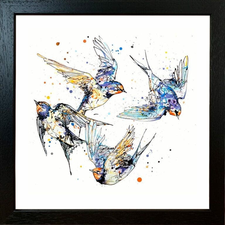 Belonging Swallows Family Four Birds Flock Family Together Fine Art Print Giclee Paper Swallows in Black Frame