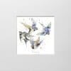 A digital mockup showing how a miniature print of Closeness by Kathryn Callaghan will look presented in a 23cm mount. Belonging features four swallows flying together in a loop.
