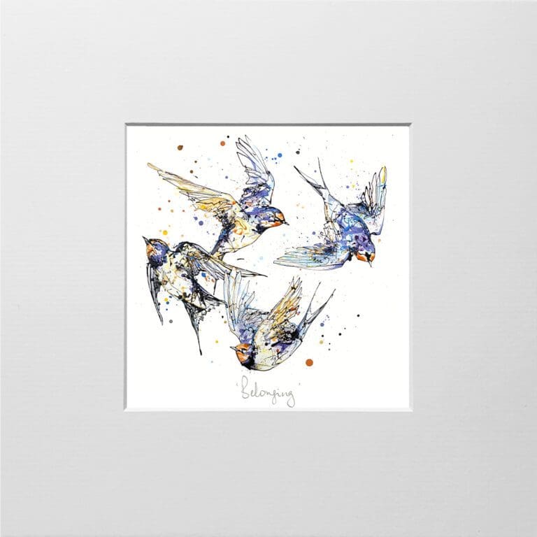 A digital mockup showing how a miniature print of Closeness by Kathryn Callaghan will look presented in a 23cm mount. Belonging features four swallows flying together in a loop.