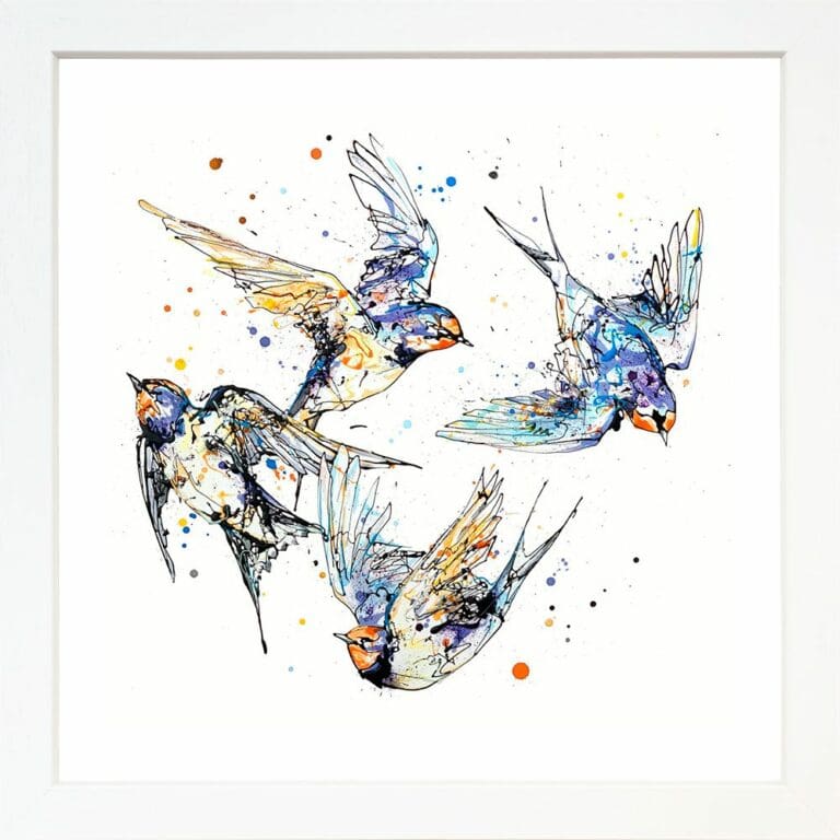 Belonging Swallows Family Four Birds Flock Family Together Fine Art Print Giclee Paper Swallows in White Frame