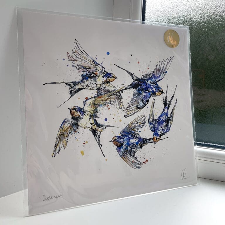 A print of Closeness by Kathryn Callaghan, which features five swallows flying in a loop. The 30cm print is presented flat in a clear cello bag with a golden KC sticker in the top right.