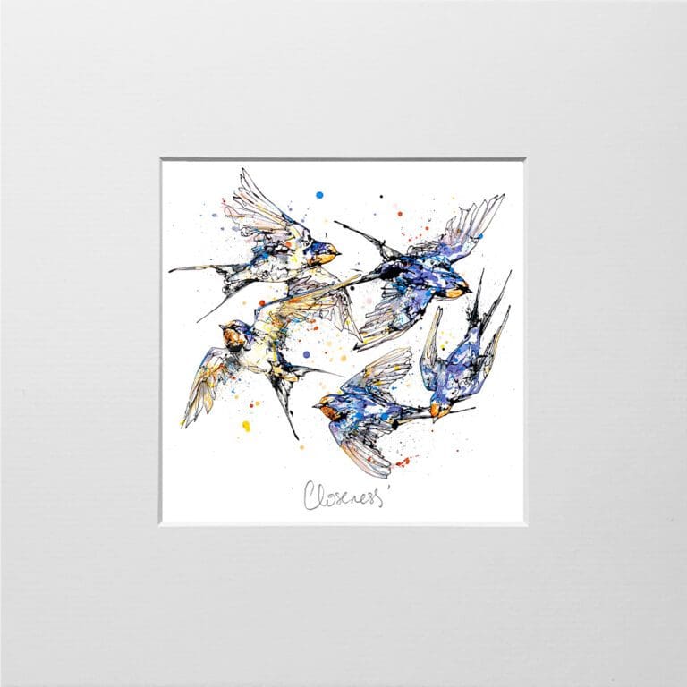 A digital mockup showing how a miniature print of Closeness by Kathryn Callaghan will look presented in a 23cm mount. Closeness features five swallows flying together in a loop.