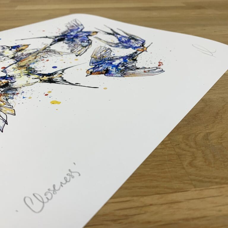 Photograph of Closeness, a print of five swallows flying in a loop by Kathryn Callaghan, which shows the print's title handwritten in the bottom left corner and the artist's signature in the bottom right, with space between to add a custom personalisation.