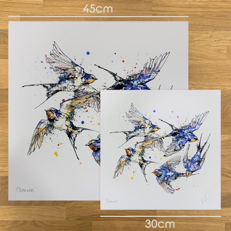 Two prints of Closeness by Kathryn Callaghan, to show the size difference between the 45cm print and the 30cm print.