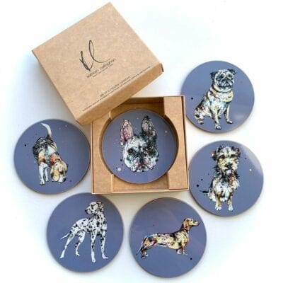 A Gift set of dog print coasters on purple backgrounds by Kathryn Callagahn