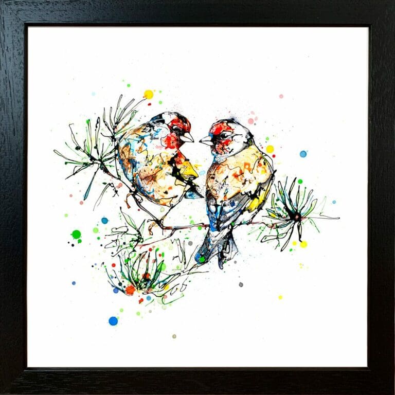 I Turn To You Goldfinches on Fir Branch Partnership Relationship Love Giclee Paper Fine Art Print shown in Black Frame