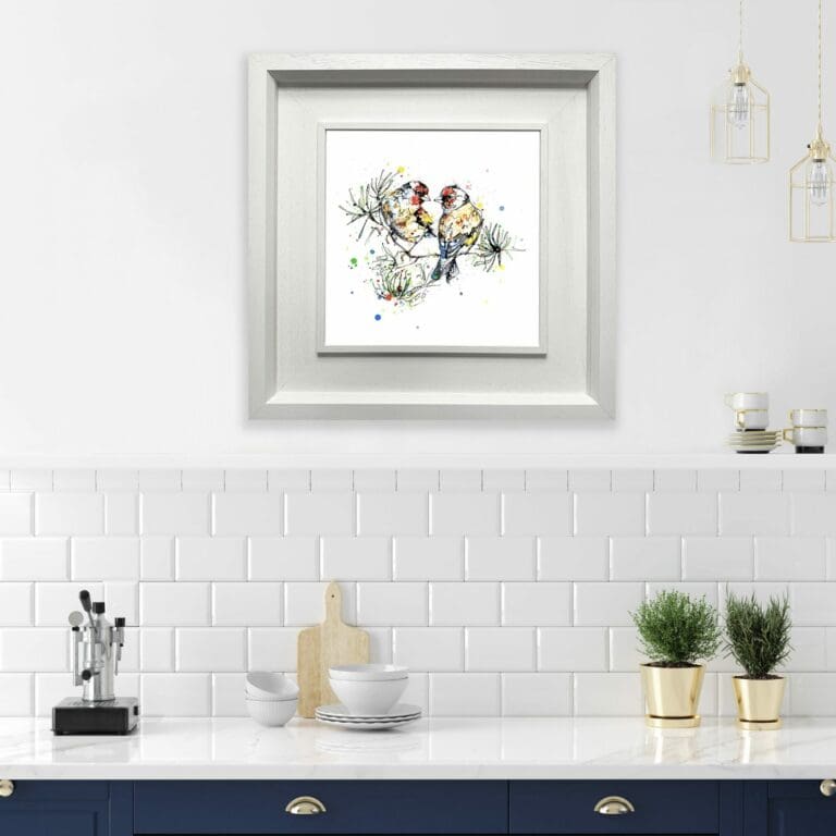 I Turn To You Goldfinch Print shown in Deluxe White Frame in Situ