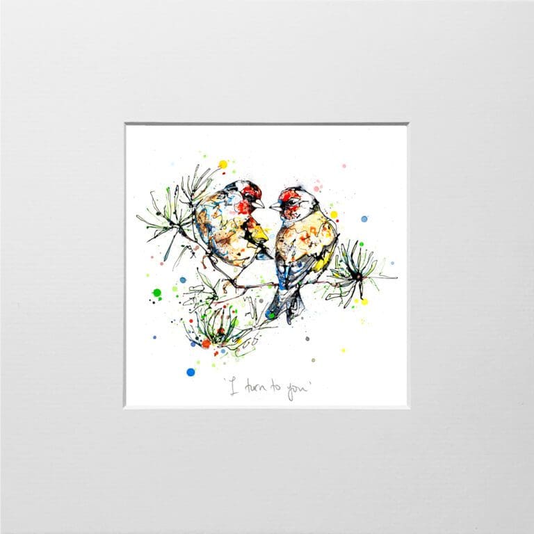 A digital mockup showing how a miniature print of I Turn To You by Kathryn Callaghan will look presented in a 23cm mount. I Turn To You features two goldfinches perched together on a fir branch.