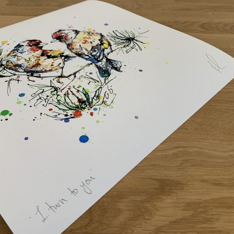 Photograph of I Turn To You by Kathryn Callaghan, which shows the print's title handwritten in the bottom left corner and the artist's signature in the bottom right, with space between to add a custom personalisation.