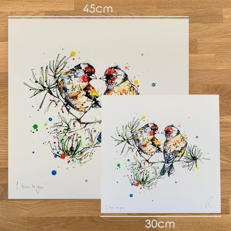 Two prints of I Turn To You, a goldfinch print by Kathryn Callaghan, to show the size difference between the 45cm print and the 30cm print.