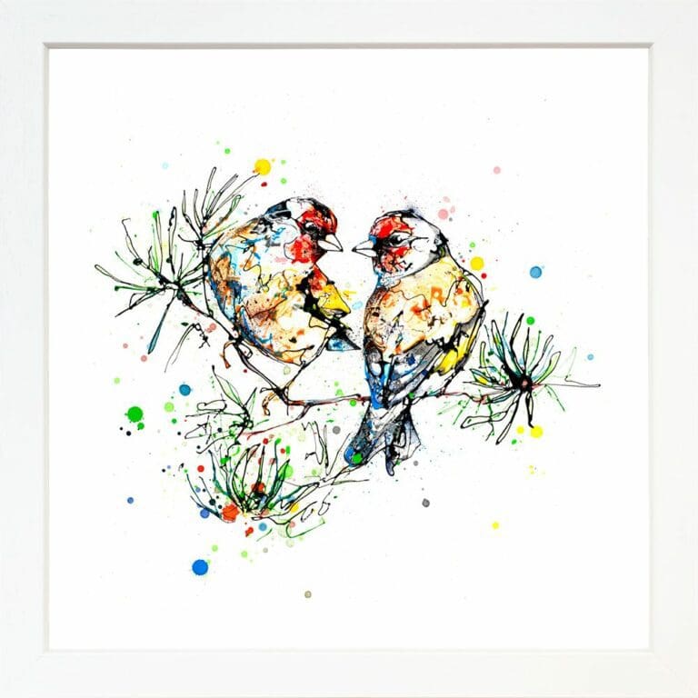 I Turn To You Goldfinches on Fir Branch Partnership Relationship Love Giclee Paper Fine Art Print shown in White Frame