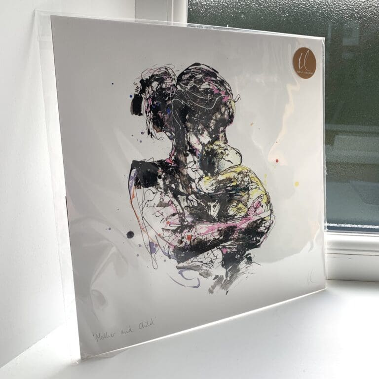 A print of Mother and Child by Kathryn Callaghan, which features the figure of a woman's torso cuddling a baby. The 30cm print is presented flat in a clear cello bag with a golden KC sticker in the top right.