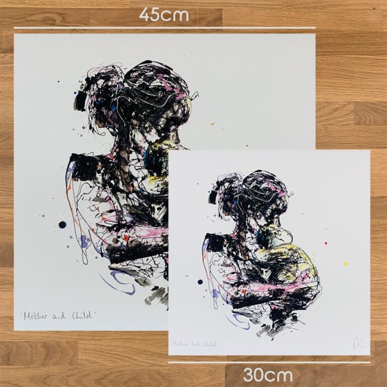 Two prints of Mother and Child by Kathryn Callaghan, to show the size difference between the 45cm print and the 30cm print.