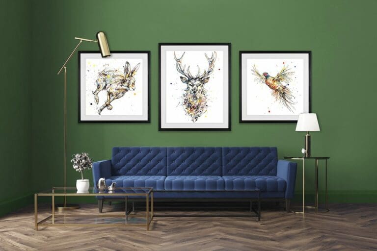 Noble Stag Hightail Hare Rabbit Flush Pheasant Paper Giclee Fine Art Prints shown in Situ