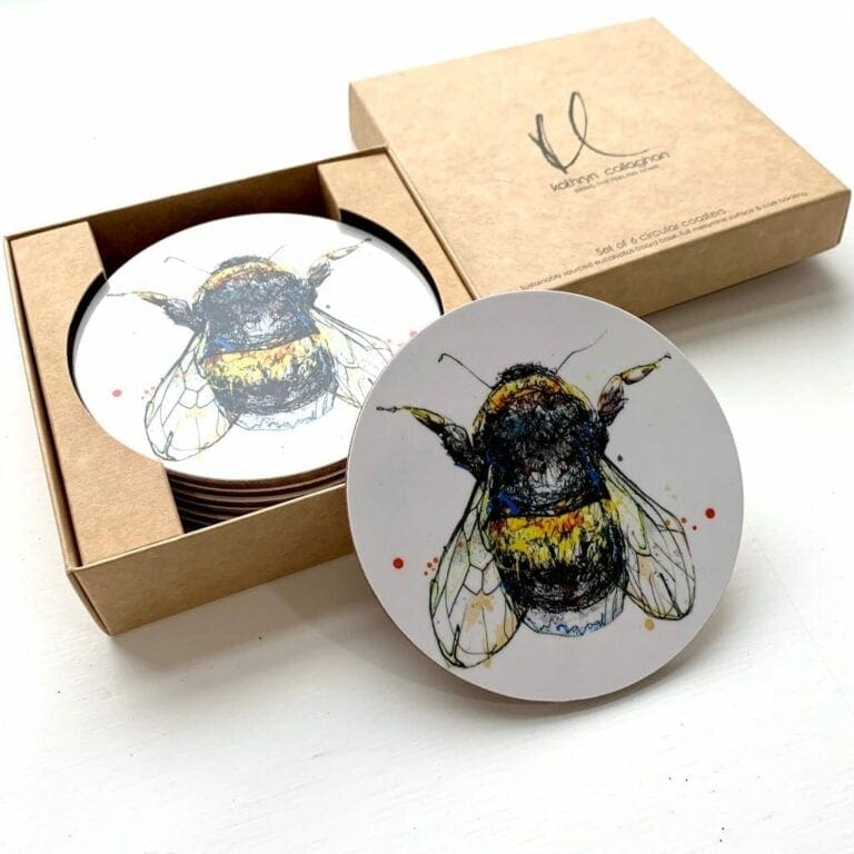 A set of coasters featuring a bee print by Kathryn Callaghan named Buzz