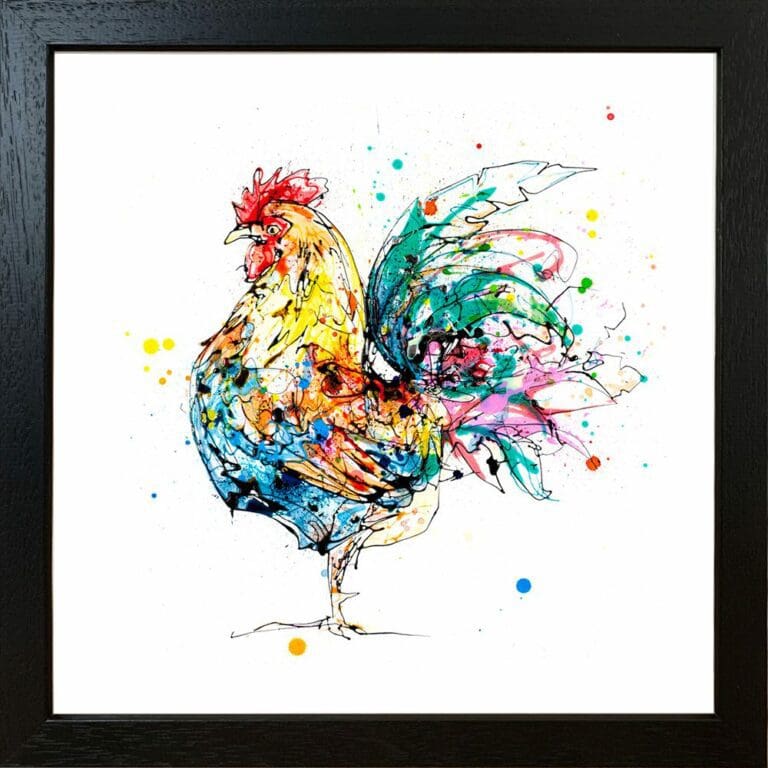 Clarence Chicken Cockerel Paper Fine Art Giclee Print in Black Frame