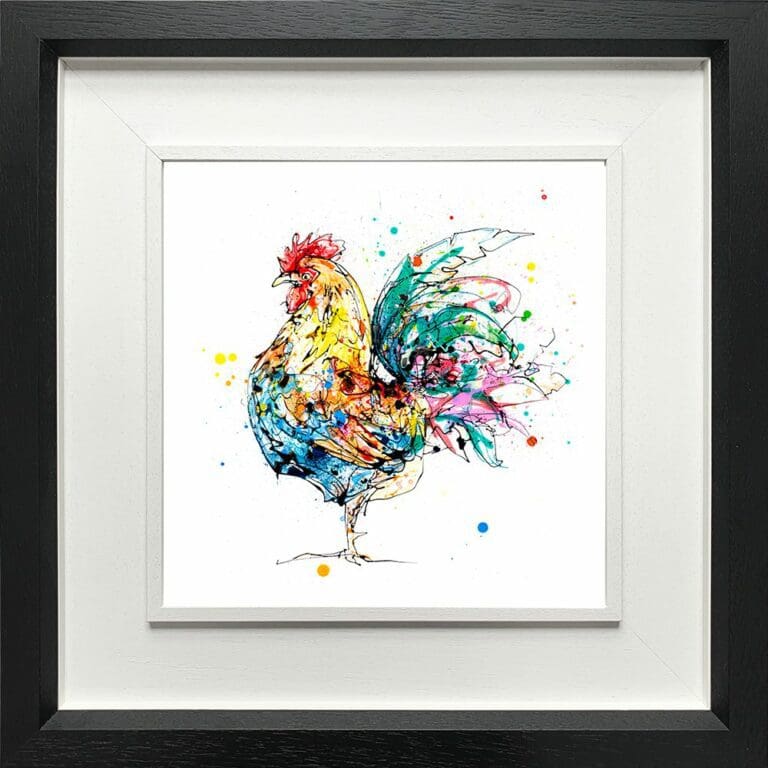 Clarence Cockerel Hens Chicken Paper Giclee Fine Art Print shown in Deluxe Black Frame