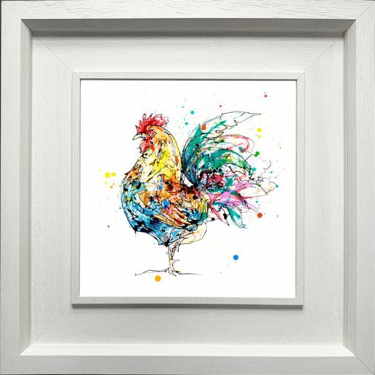 Clarence Cockerel Hens Chicken Paper Giclee Fine Art Print shown in Deluxe White Frame