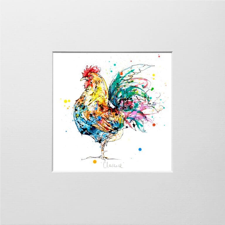 A digital mockup showing how a miniature print of Clarence by Kathryn Callaghan will look presented in a 23cm mount. Clarence features a colourful cockerel facing left.