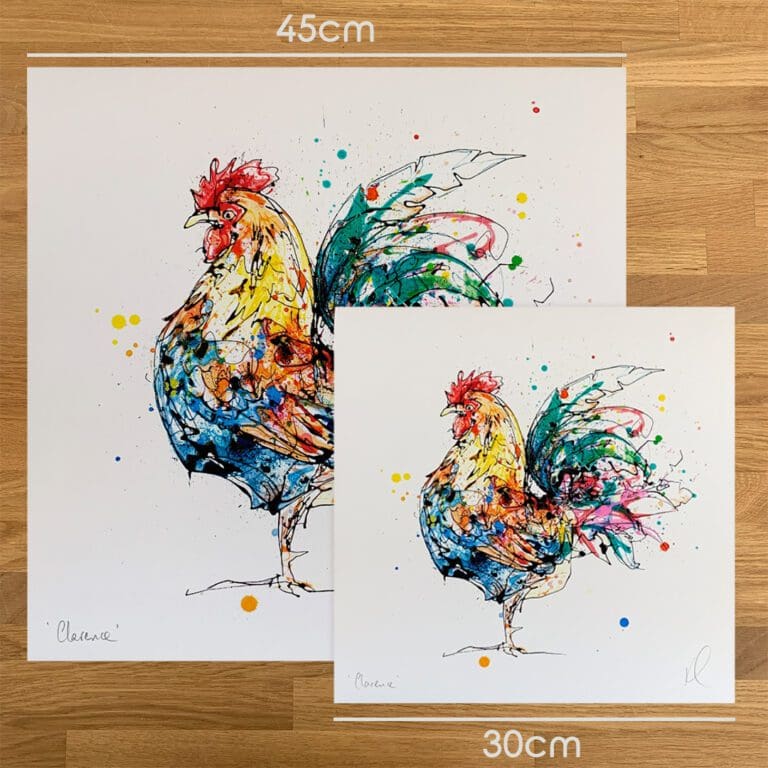 Two prints of Clarence by Kathryn Callaghan, to show the size difference between the 45cm print and the 30cm print.