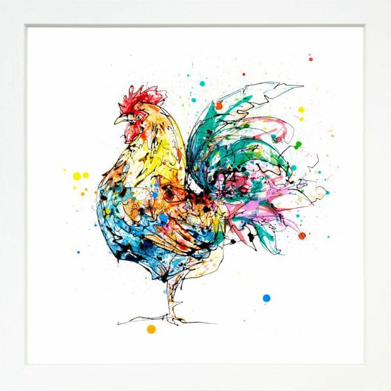 Clarence Chicken Cockerel Paper Fine Art Giclee Print in White Frame