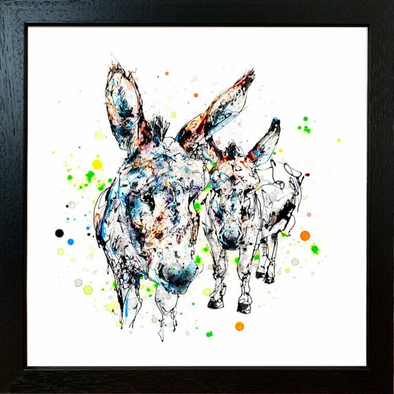 Companions Donkeys Family Paper Giclee Fine Art Print shown in Black Frame