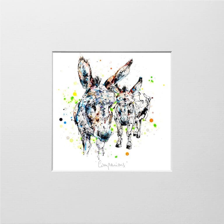 A digital mockup showing how a miniature print of Companions by Kathryn Callaghan will look presented in a 23cm mount. Companions features a pair of friendly donkeys.