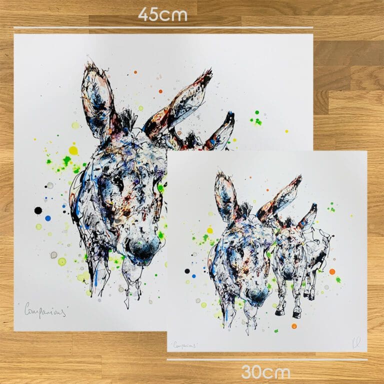 Two prints of Companions by Kathryn Callaghan, to show the size difference between the 45cm print and the 30cm print.