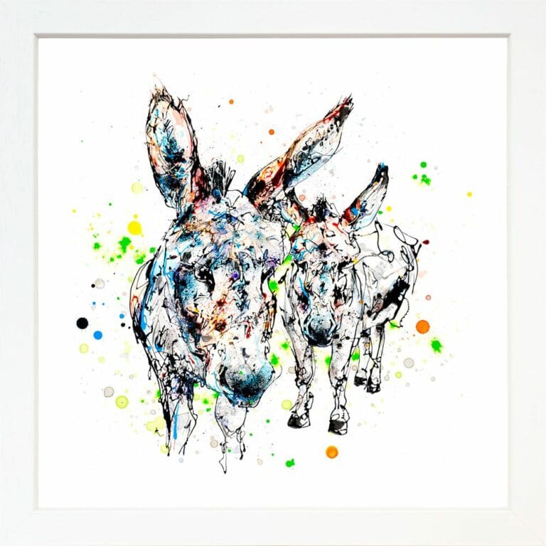 Companions Donkeys Family Paper Giclee Fine Art Print shown in White Frame