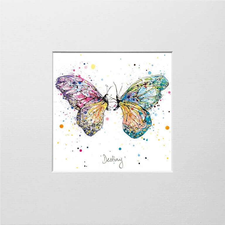 A digital mockup showing how a miniature print of Destiny by Kathryn Callaghan will look presented in a 23cm mount. Destiny features two butterflies coming together in shades of pink, purple, orange, and turquoise.