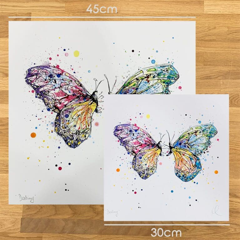 Two prints of Destiny by Kathryn Callaghan, to show the size difference between the 45cm print and the 30cm print.