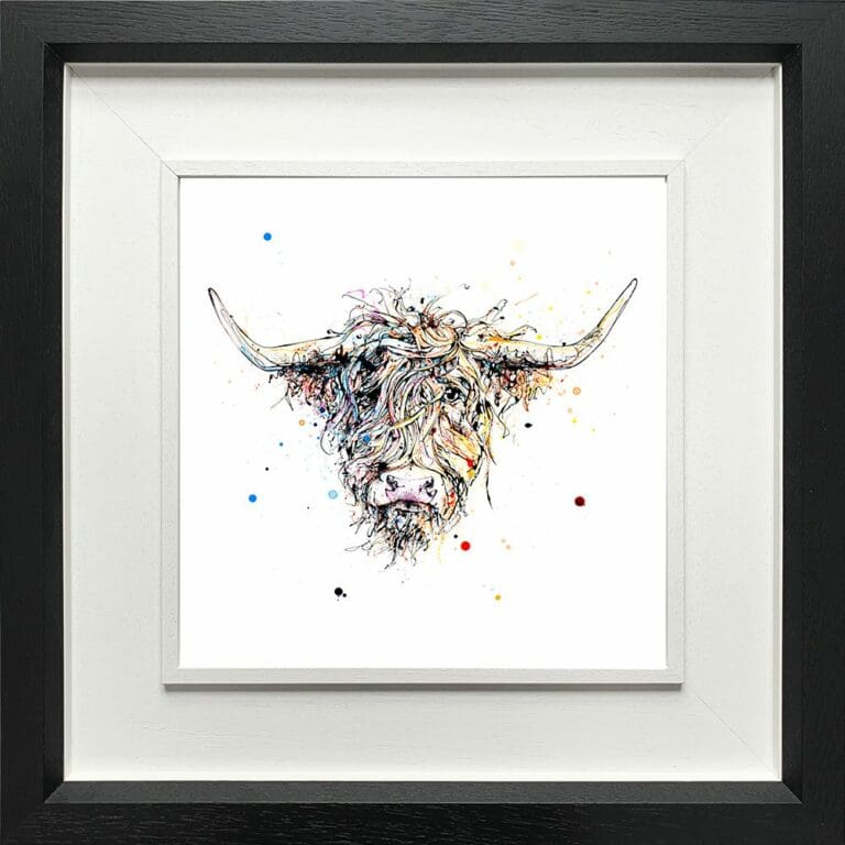 Harris Highland Cow Paper Fine Art Print Giclee in Deluxe Black Frame