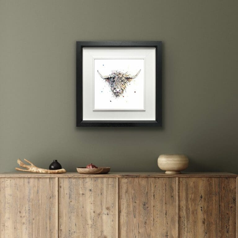 Harris Highland Cow Print shown in Deluxe Black Frame in Situ