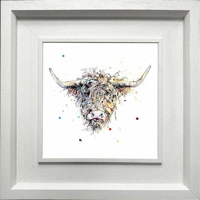 Harris Highland Cow Paper Fine Art Print Giclee in Deluxe White Frame