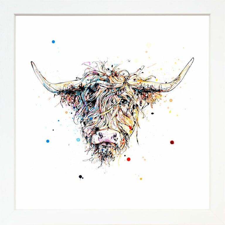 Harris Highland Cow Coo Paper Giclee Fine Art Print shown in White Frame