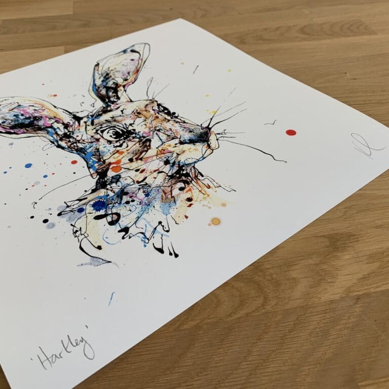 Photograph of Hartley by Kathryn Callaghan, which shows the print's title handwritten in the bottom left corner and the artist's signature in the bottom right, with space between to add a custom personalisation.