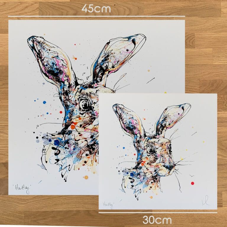 Two prints of Hartley, a hare print by Kathryn Callaghan, to show the size difference between the 45cm print and the 30cm print.